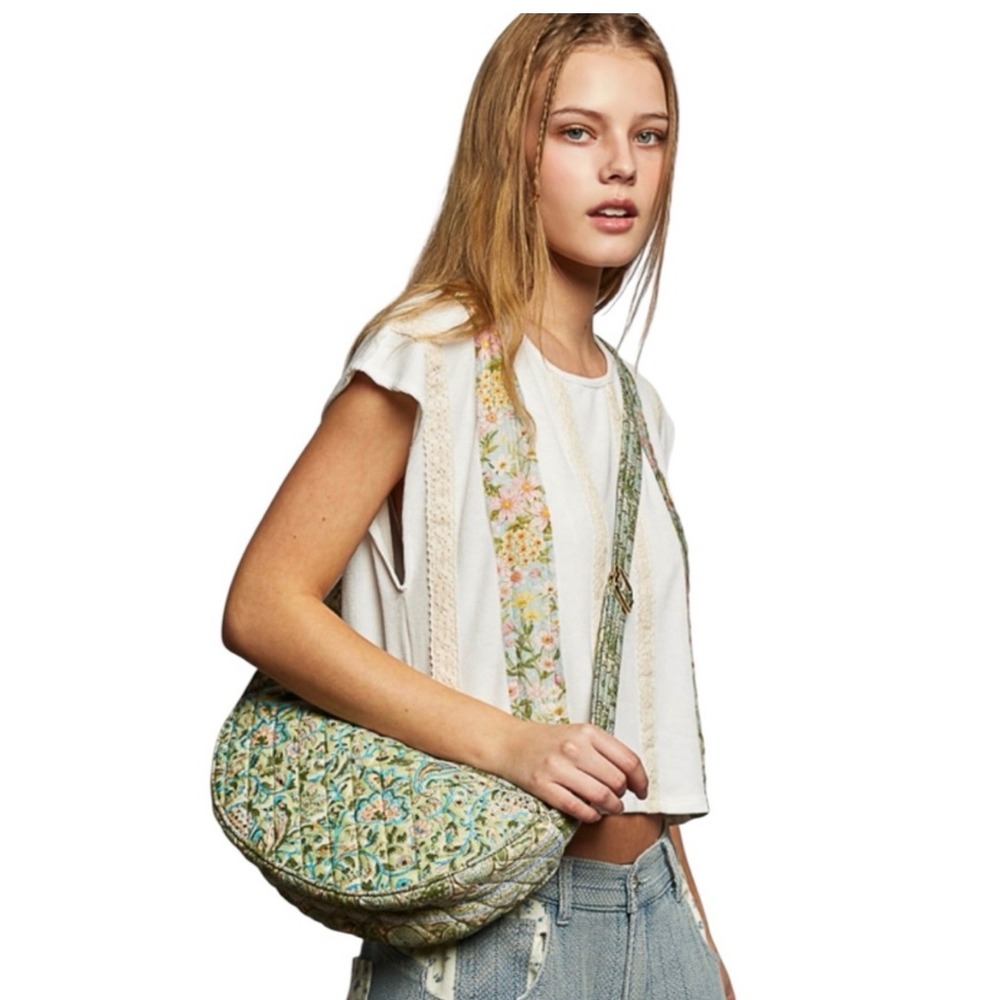 POL Clothing Quilted Hand Block Print Crossbody Sling Bag Sage Green Floral